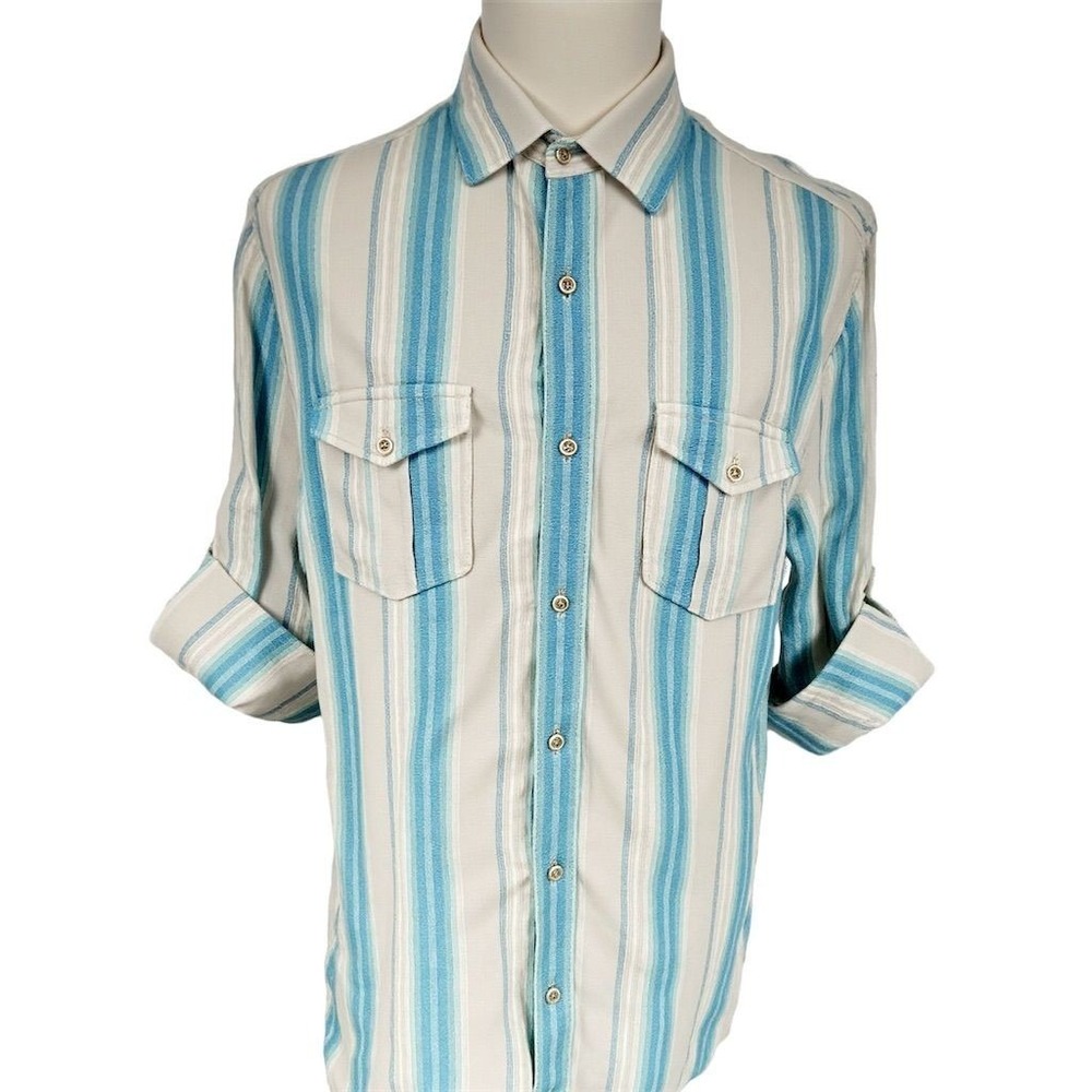 Ocean & Coast Men's LARGE Blue Striped‎ Linen Button-Up Shirt Roll Tab Sleeves